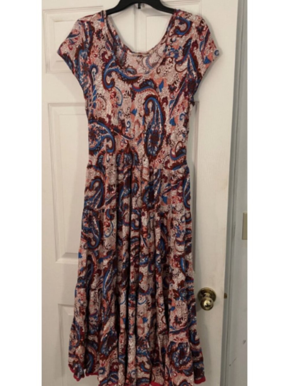 Soft Surroundings Dress L Red, Blue, Brown Maxi Cap Sleeve Boho Floral tiered